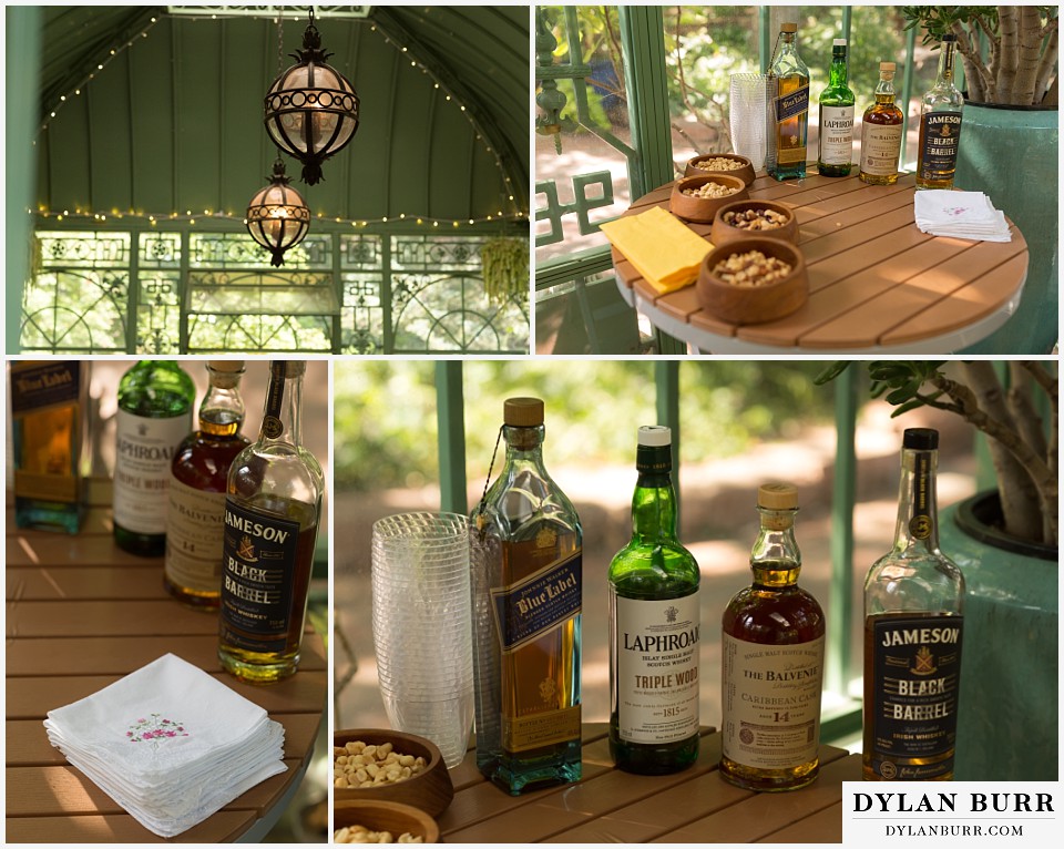 denver botanic gardens wedding colorado woodland mosaic wedding details johnny walker blue scotch balvenie laphroaig jameson black barrel