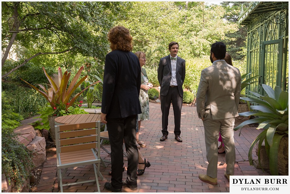 denver botanic gardens wedding colorado woodland mosaic groom waiting for his bride