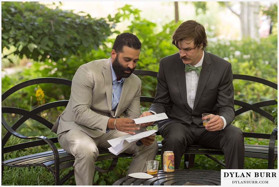 denver botanic gardens wedding colorado woodland mosaic groom and officiant preparing