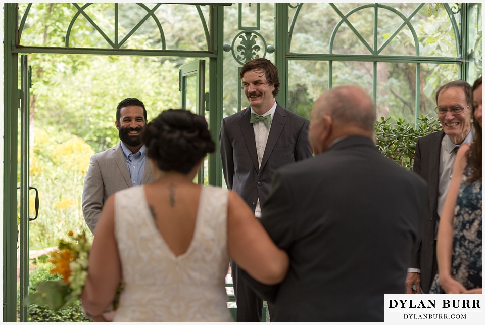 denver botanic gardens wedding colorado woodland mosaic happy excited groom