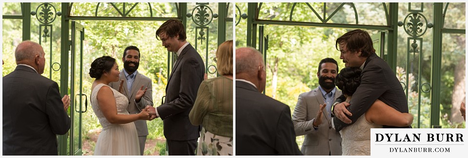 denver botanic gardens wedding colorado woodland mosaic bride groom hugging celebrating