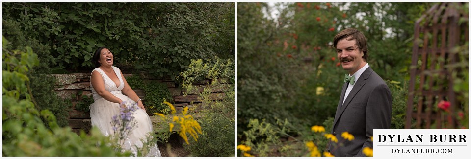 denver botanic gardens wedding colorado woodland mosaic bride groom looking confused and laughing at photographer