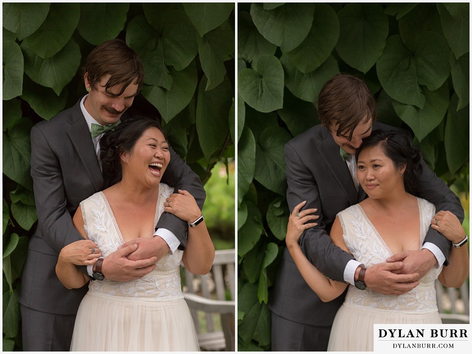 denver botanic gardens wedding colorado woodland mosaic bride groom in huge leaves