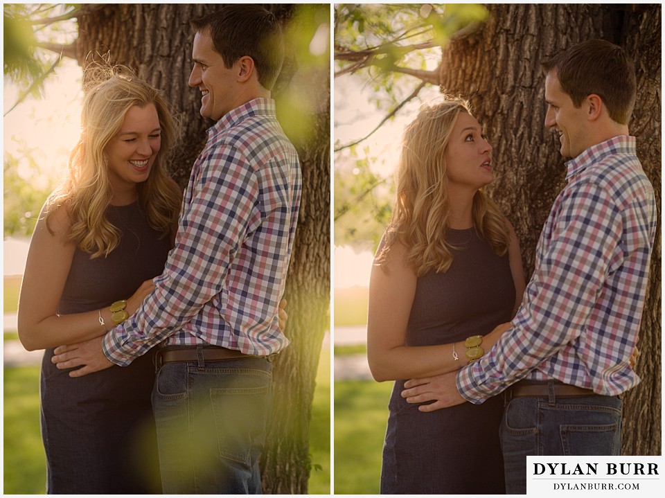 denver engagement session sloans lake hugging near tree