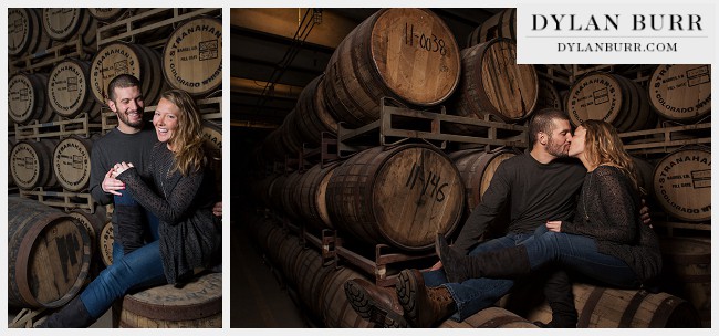 denver engagement photos stranahans colorado whiskey rackhouse barrels
