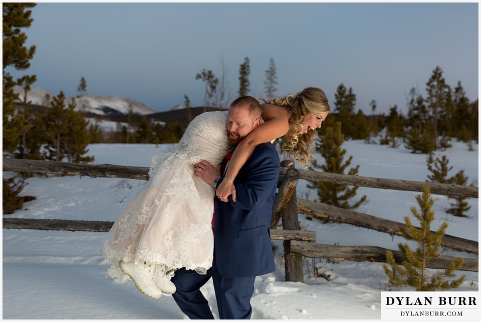 devils thumb ranch wedding in winter fun couple