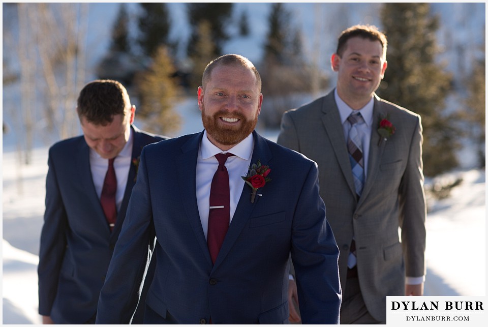 devils thumb ranch wedding in winter groom and groomsmen