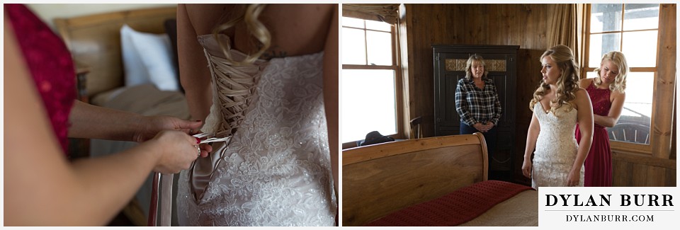 devils thumb ranch wedding in winter tying wedding dress