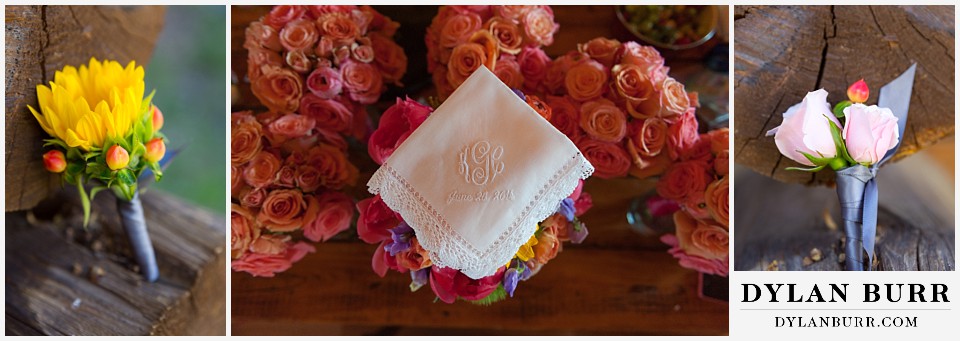 devils thumb ranch wedding boutonniere and monogramed handkerchief