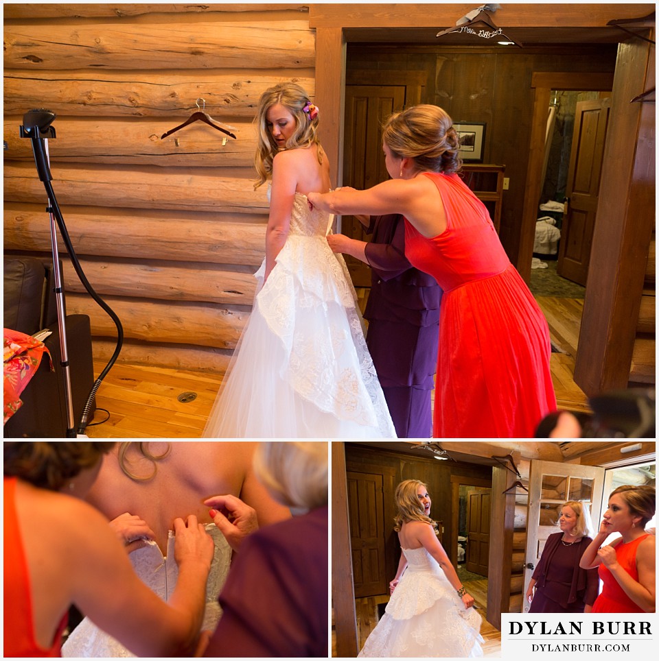 devils thumb ranch wedding bride getting dress on