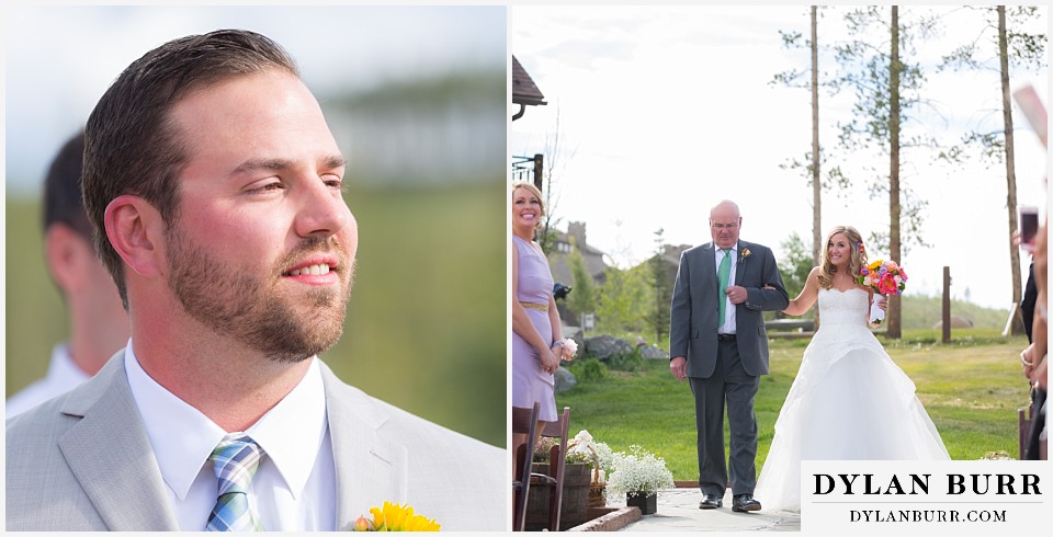 devils thumb ranch wedding bride walking down aisle with father as groom watches