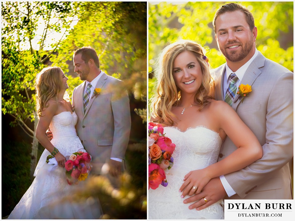 devils thumb ranch wedding bride and groom standing together in glowing light