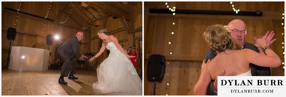 devils thumb ranch wedding bride and father being silly while dancing