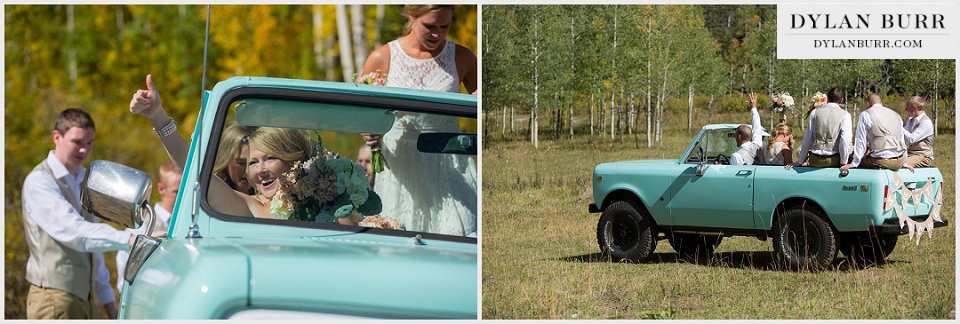 durango wedding photographer thumbs up bridal party exit international scout