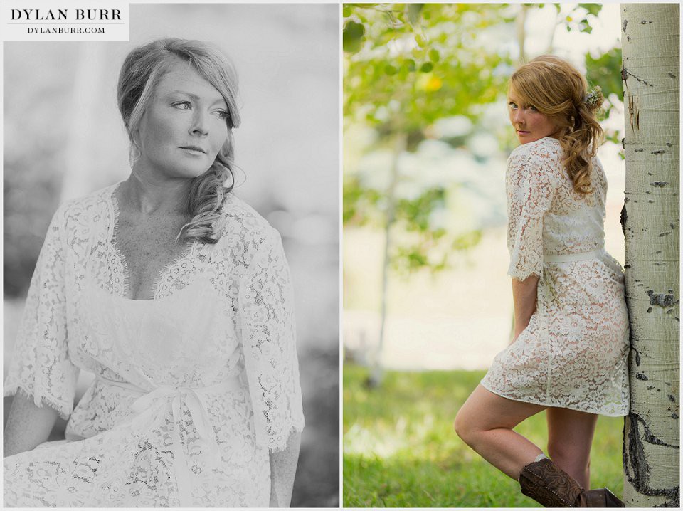 durango wedding photography bride lace robe mountains aspen trees