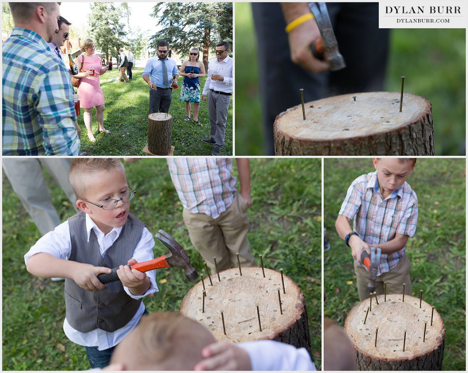 mountain wedding games hammer nail stump