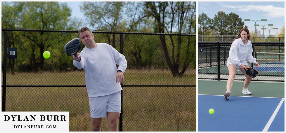 engagement photos at helen hunt falls colorado springs playing pickleball together