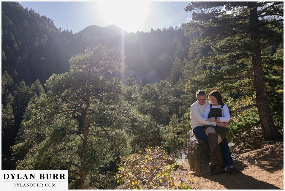 engagement photos at helen hunt falls colorado springs in the mountain sun together
