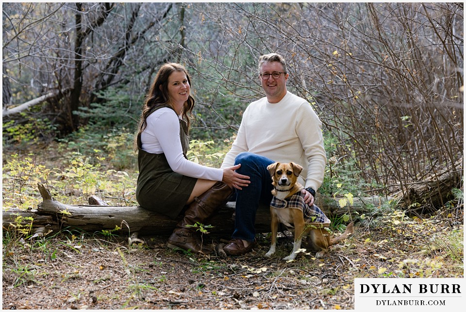 engagement photos with their dog in the mountains