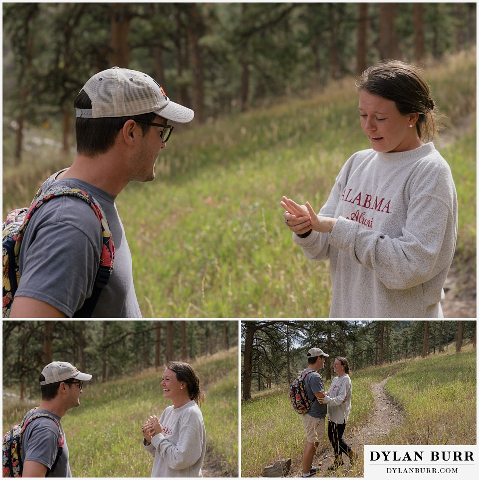 estes park marriage proposal looking at ring and so happy she said yes