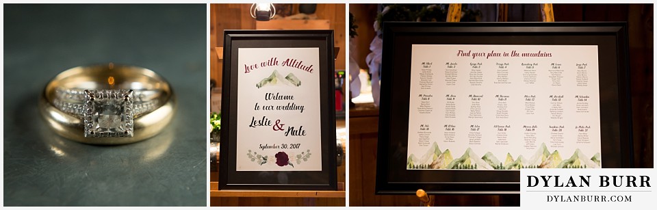 the lodge at sunspot wedding winter park weddomg details rings table seating chart