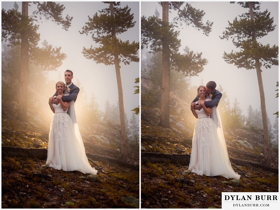 the lodge at sunspot wedding fall mountain wedding winter park wedding couple portraits in fog dramatic