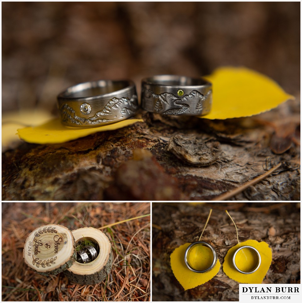 grand lake wedding elopement handmade engraved wedding rings with mountain ranges