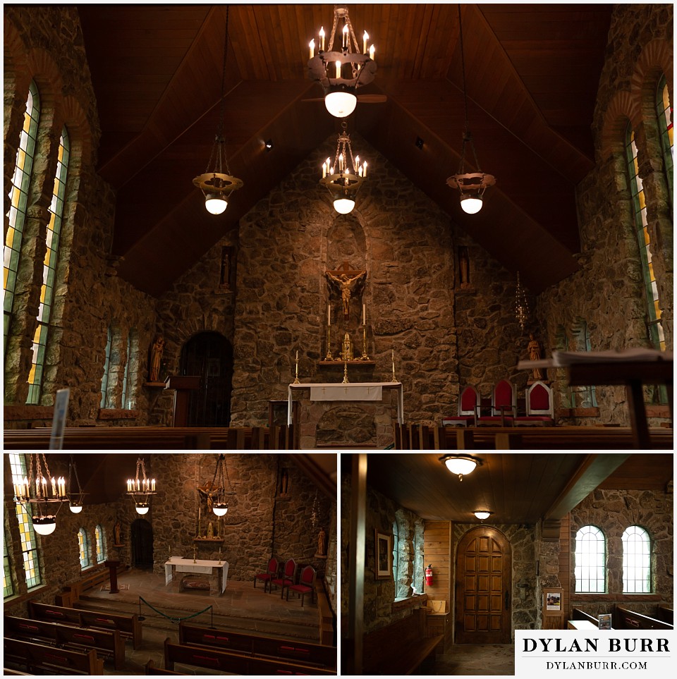 camp st malo wedding allenspark colorado estes park mountain wedding inside St. Catherine of Siena Chapel