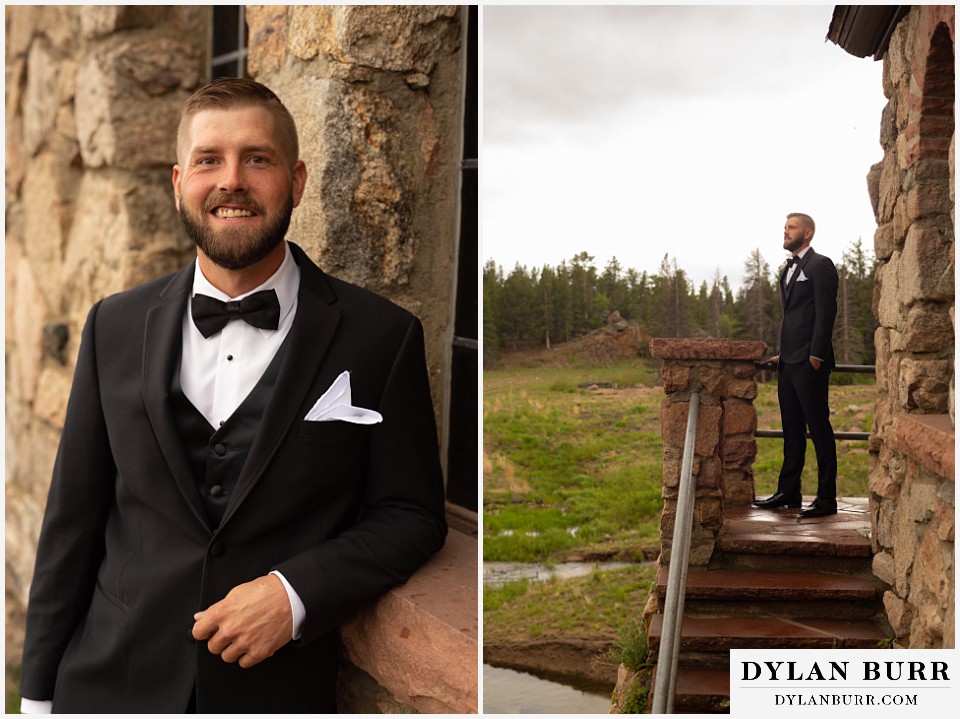 camp st malo wedding allenspark colorado estes park mountain wedding groom standing by church