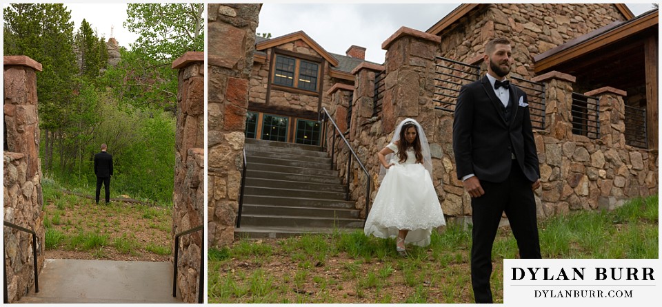 camp st malo wedding allenspark colorado estes park mountain wedding first look bride walking to groom