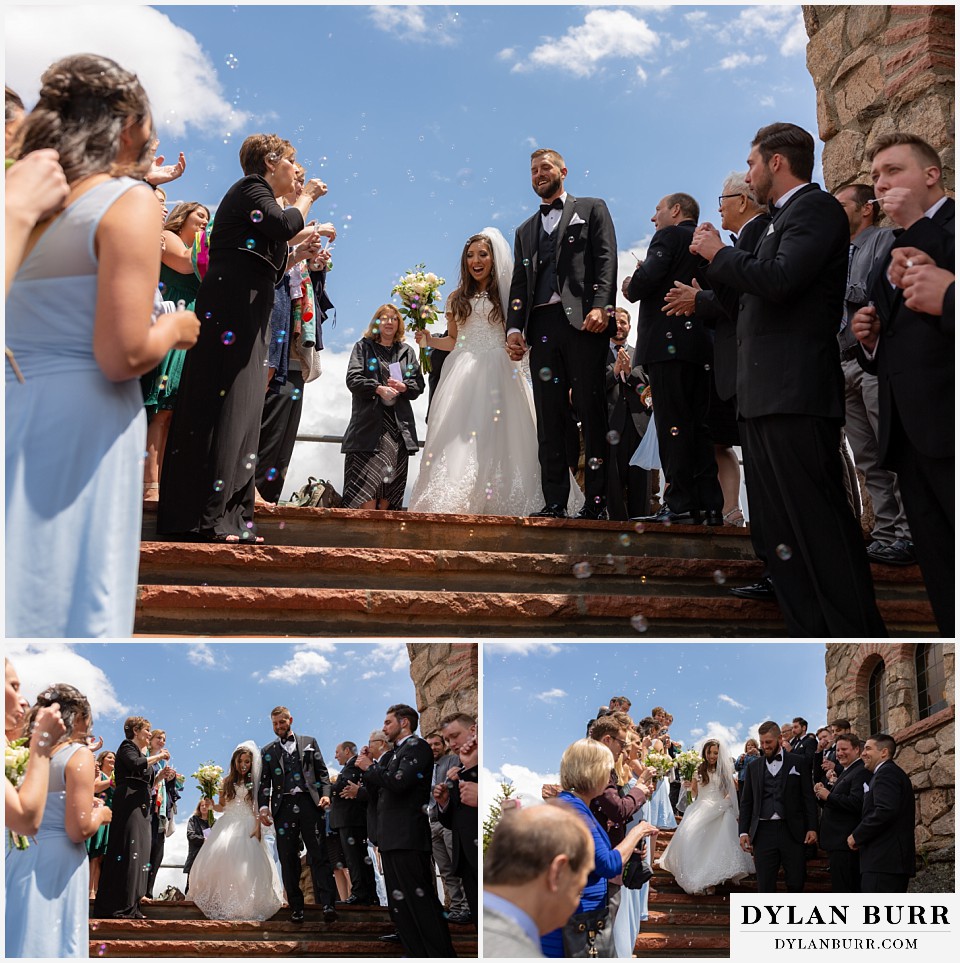 camp st malo wedding allenspark colorado estes park mountain wedding bride and groom exiting with bubbles