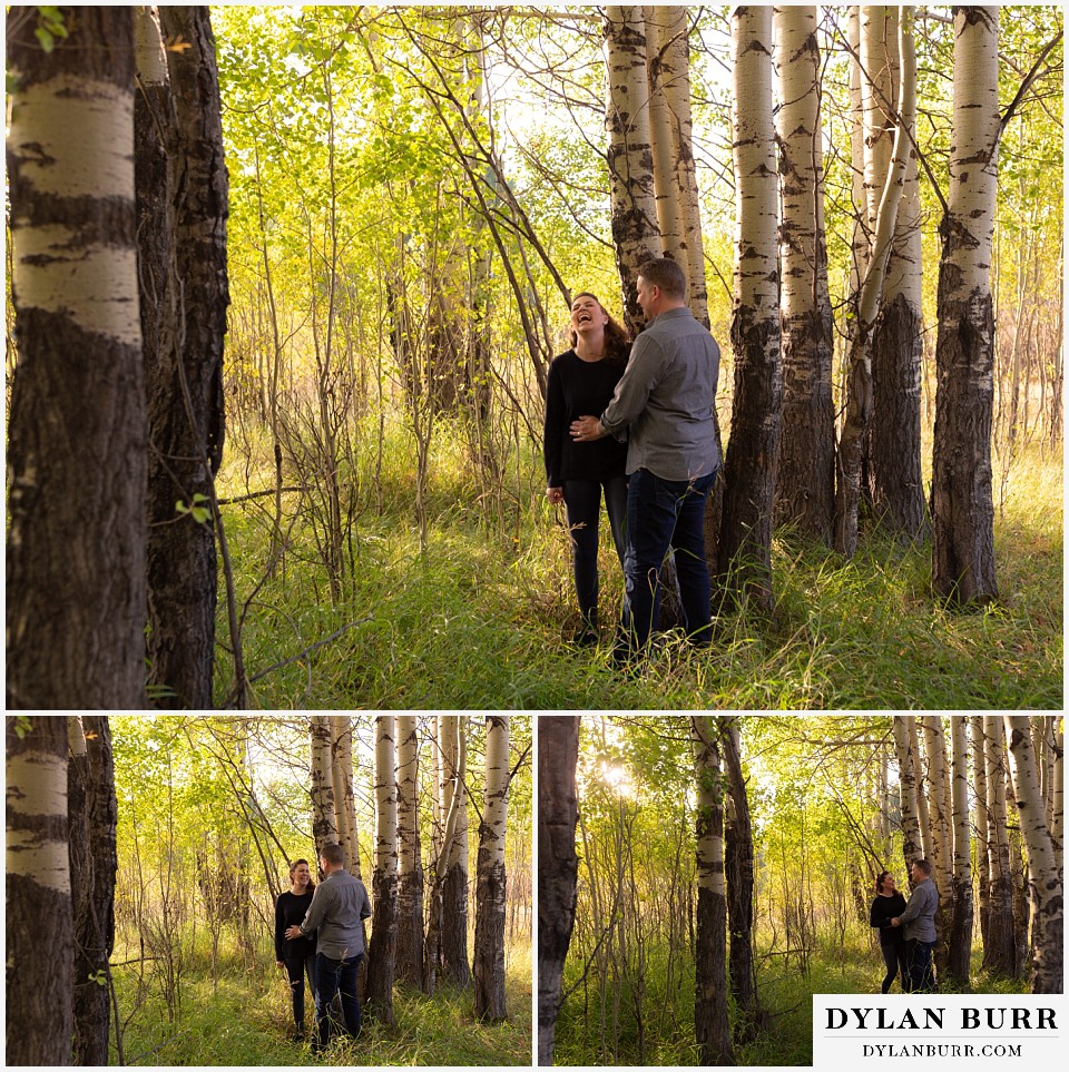 grand teton wedding anniversary photos couple together in aspen trees he gets closer and makes weird noises