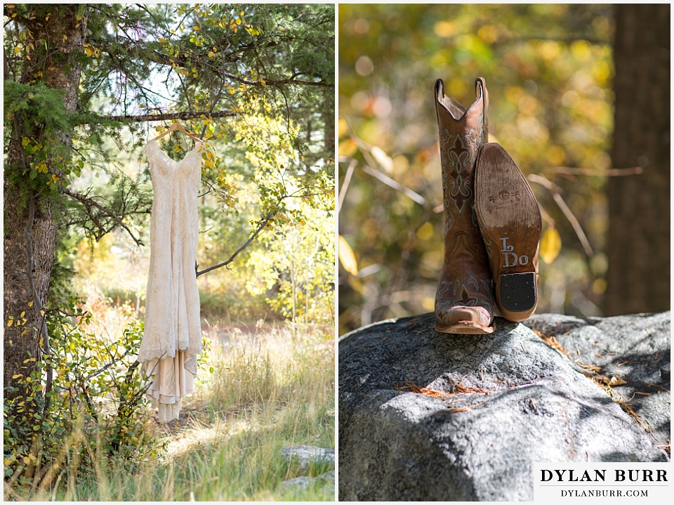 grand-teton wedding brides dress in a pine tree cowboy wedding boots