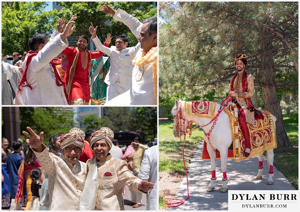 hyatt regency tech center hindu wedding groom on horse with both fathers