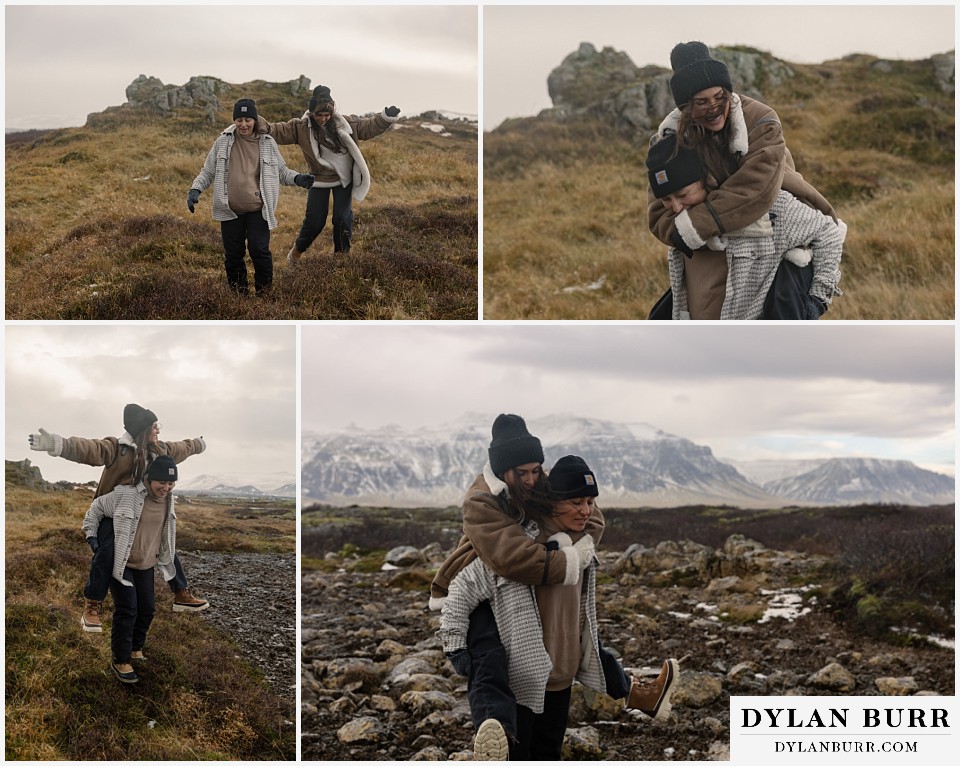 lgtbq couples hot springs session in Iceland fun piggy back rides