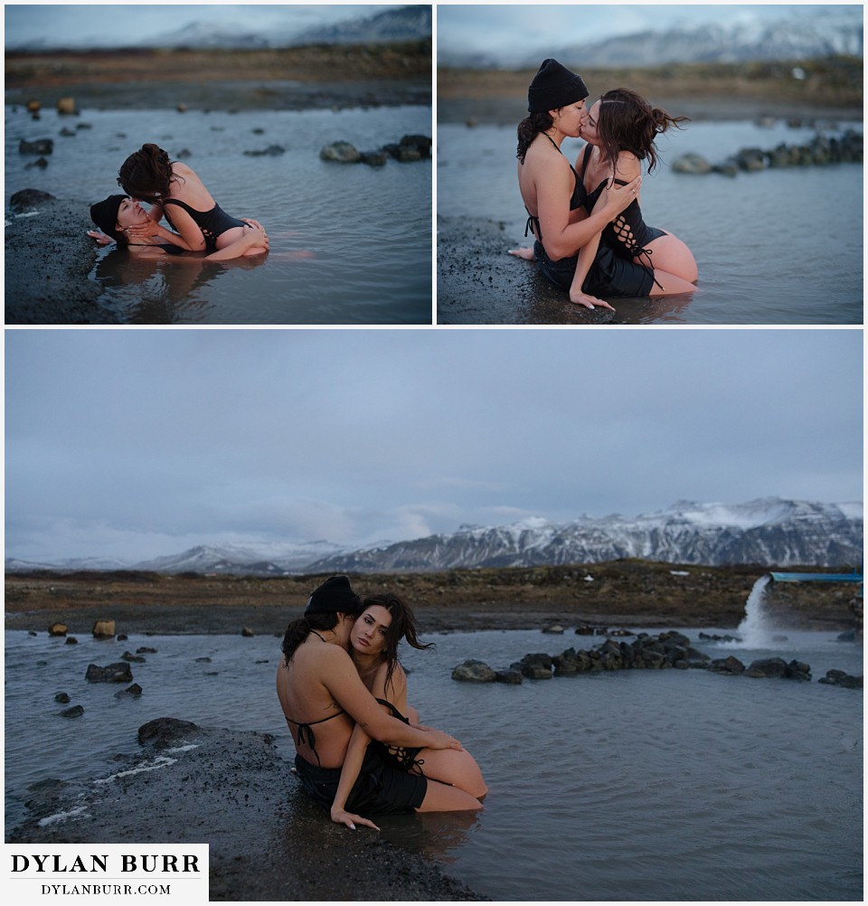 lgtbq couples hot springs session in Iceland on the banks of the natural springs pool