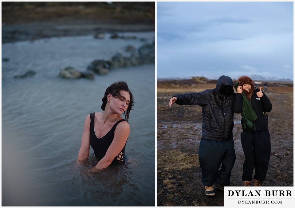 lgtbq couples hot springs session in Iceland all bundled up and ready to go