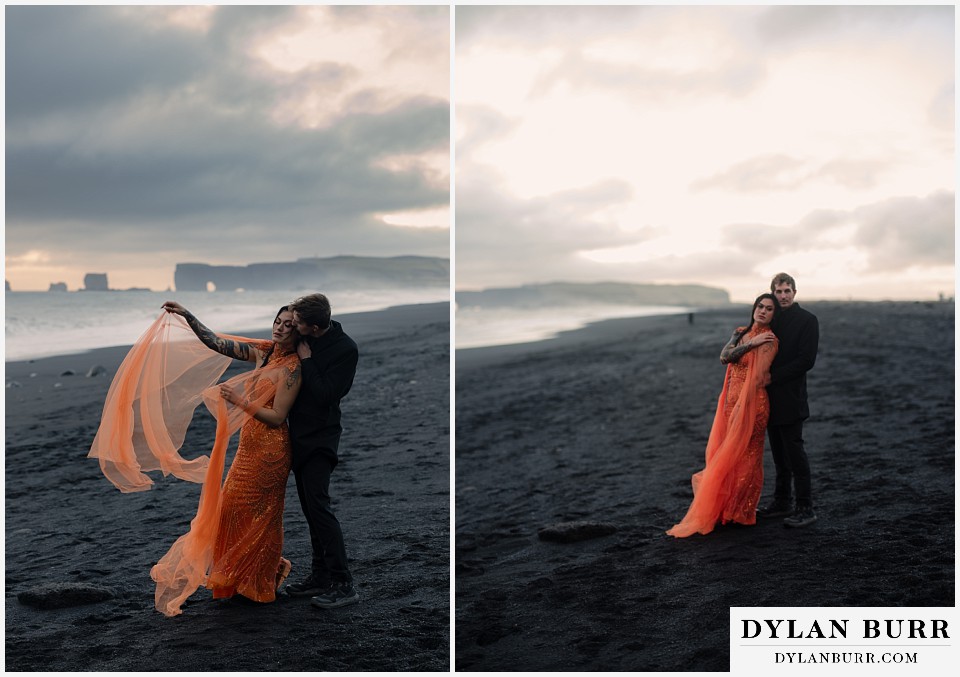 Iceland elopement at reynisfjara beach orange dress
