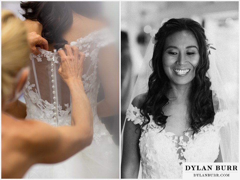intimate wedding elopement sprague lake rocky mountain national park bride putting on dress