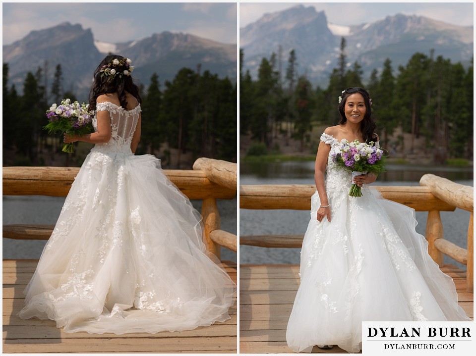 bride and her dress by the lake