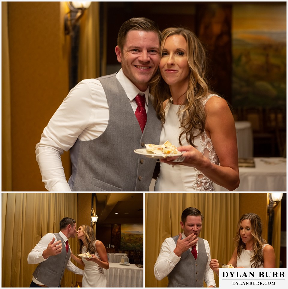 jackson lake lodge wedding grand tetons wyoming newlyweds eating their wedding cake