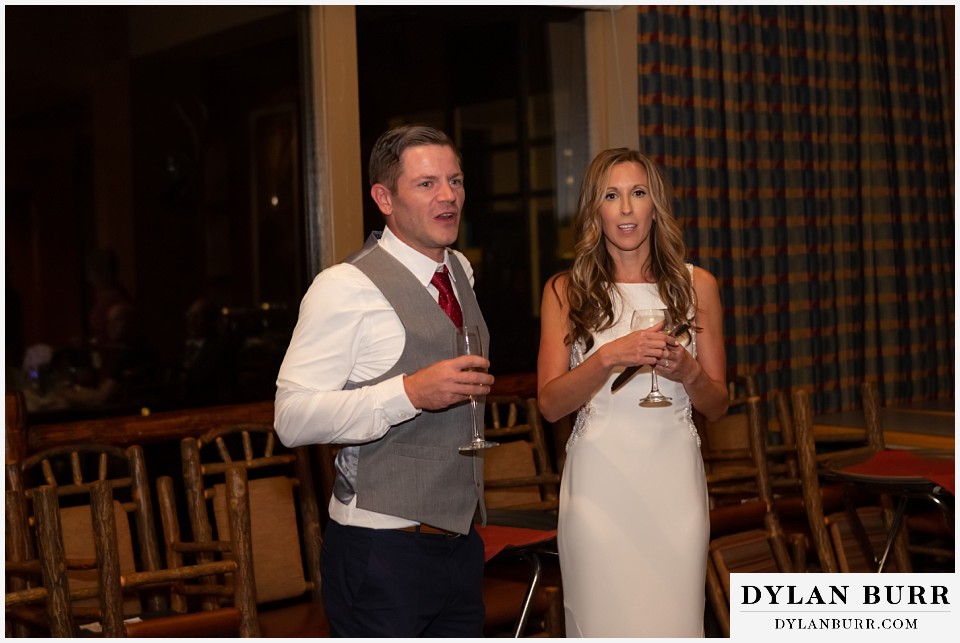 jackson lake lodge wedding grand tetons wyoming bride and groom giving toast to guests