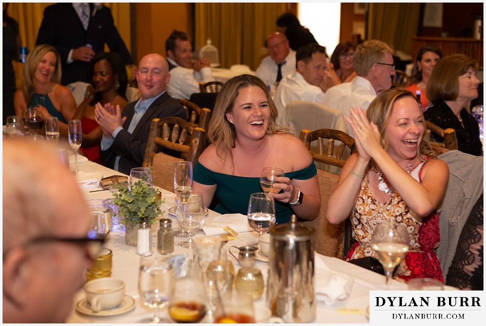 jackson lake lodge wedding grand tetons wyoming wedding guests laughing