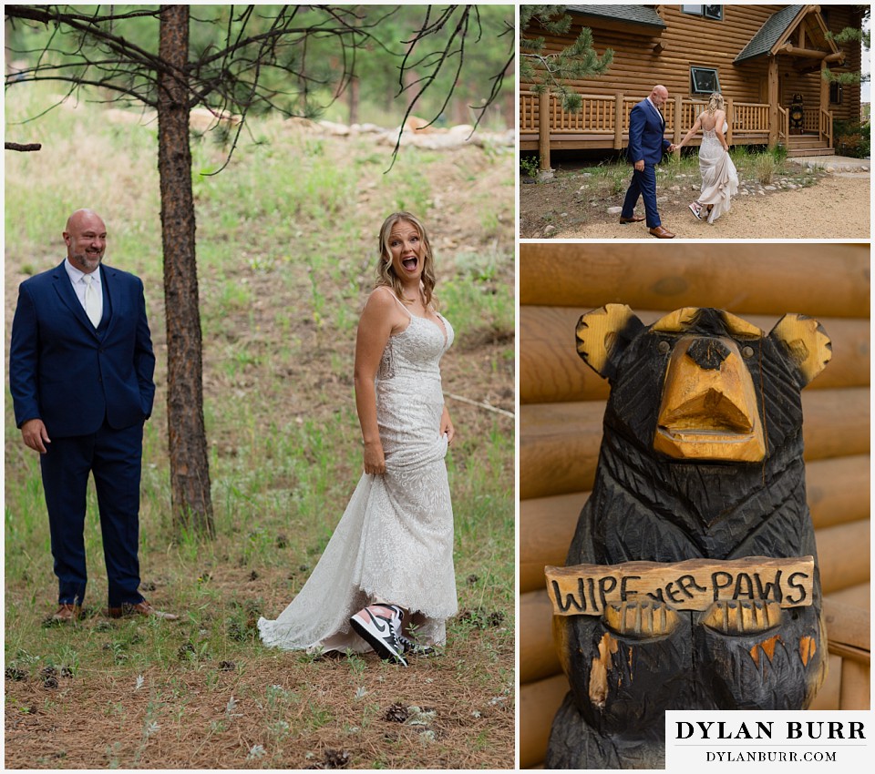 knoll willows open space elopement wedding bride showing off custom nikes