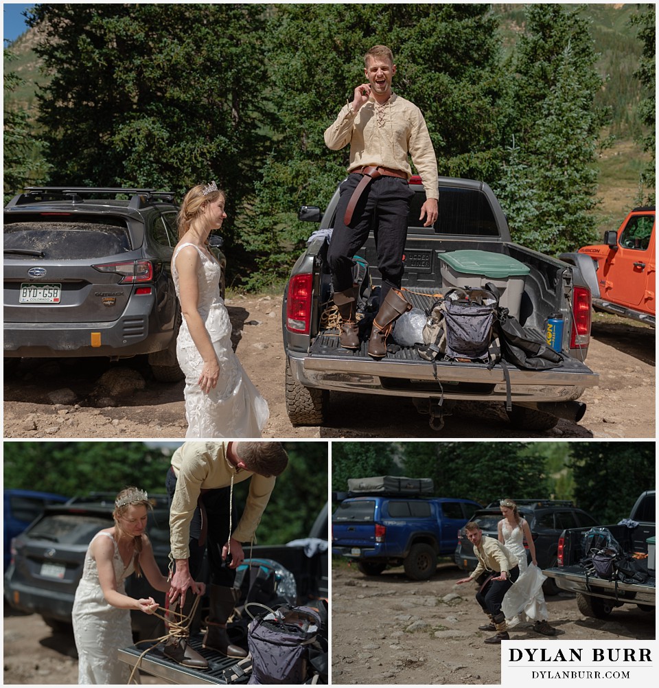 sunrise elopement wedding groom putting on his pirate boots