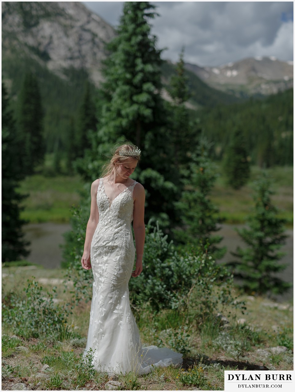 sunrise elopement wedding bride wearing a tiara in mountains