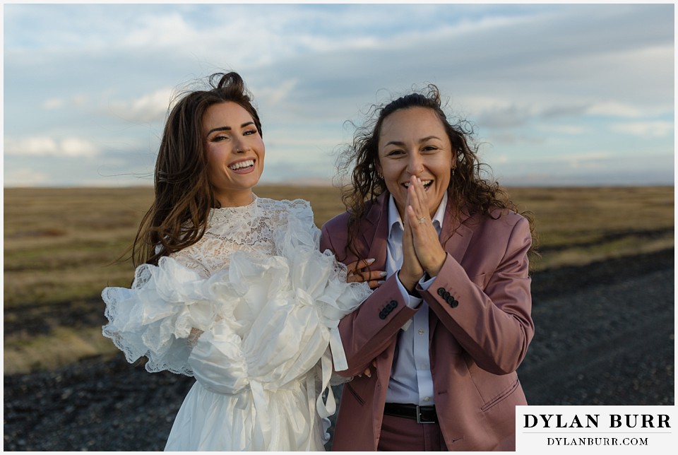 lgtbq iceland elopement wedding rural iceland having a silly fun moment