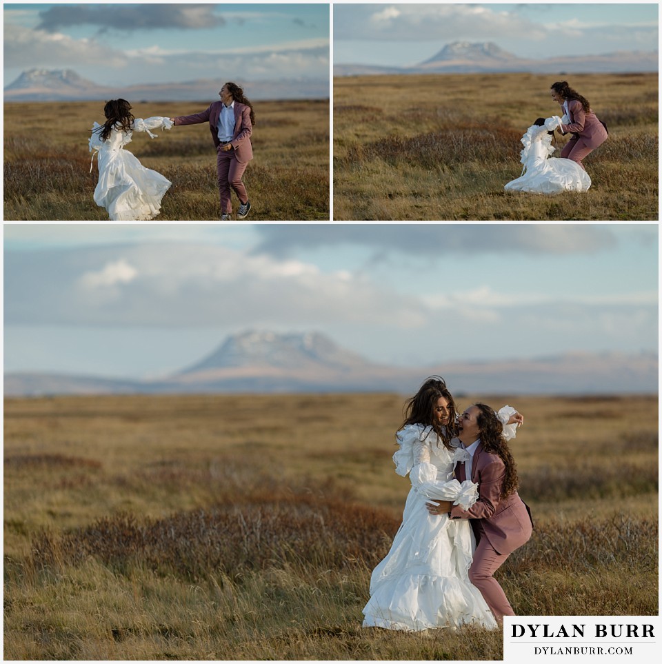lgtbq iceland elopement wedding rural iceland dancing in a field