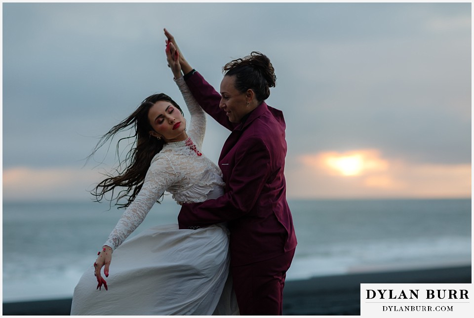 lgtbq iceland elopement wedding Reynisfjara beach dancing on the beach at sunset