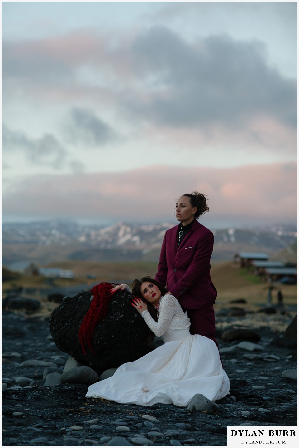 lgtbq iceland elopement wedding Reynisfjara beach epic mountains in the distance